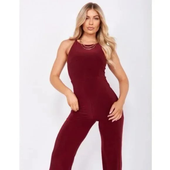 Burgundy Sleeveless Open Back Wide Leg Jumpsuit Playsuit - Picture 4 of 13